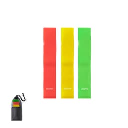 A set of three resistance bands in red, yellow, and green, with a portable storage pouch.