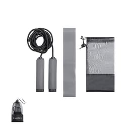 A grey skipping rope, grey resistance band, and a mesh storage bag with a hook.