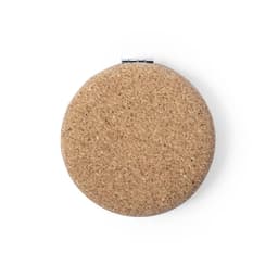 A round cork pocket mirror with a sleek metal clasp, featuring a natural beige colour.