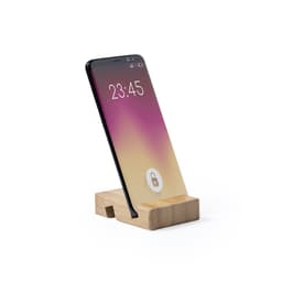 A wooden phone stand with a sleek design holding a smartphone displaying a gradient screen. Features a logo.
