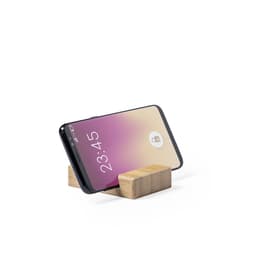 A phone stand in a wooden finish, securely holding a smartphone at an angle. The phone displays a lock screen.
