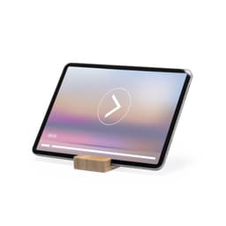 A wooden phone stand supporting a tablet, angled to display a screen with a play bar and time indicator.