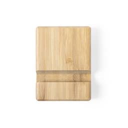 A bamboo phone stand with a minimalist design, featuring a slot for holding a mobile device.