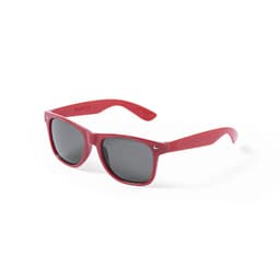 Red sunglasses with grey lenses, featuring a logo on the arm, suitable for leisure and outdoor use.