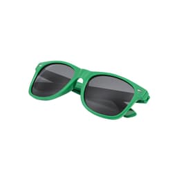 Green sunglasses with dark lenses, featuring a sleek design and a logo on the side.