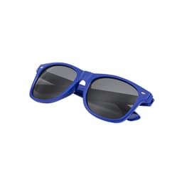 A pair of blue sunglasses with dark lenses and a logo on the side.
