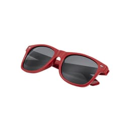 Red sunglasses with dark lenses, featuring a logo on the side, displayed on a flat surface.