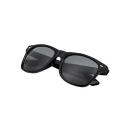 Black sunglasses with a sleek design, featuring dark lenses and a logo on the frame.