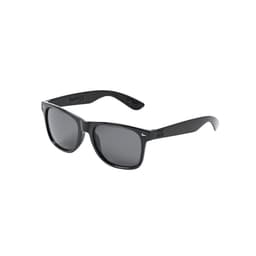 Black sunglasses with dark lenses, featuring a logo on the side, ideal for leisure and outdoor activities.