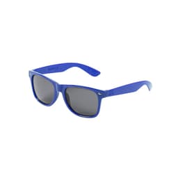 Blue sunglasses with dark lenses and a logo on the arm, ideal for leisure and outdoor activities.