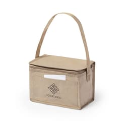 A tan cooler bag with a single handle and a front pocket, featuring a logo on the side.