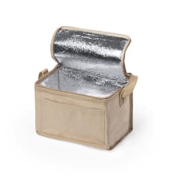 A beige cooler bag with a shiny silver interior and two handles, featuring an exterior pocket.