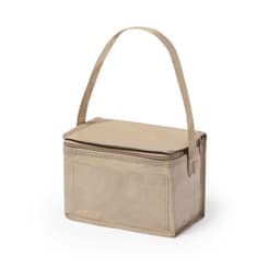 A light brown cooler bag with a zippered top and a carrying handle, featuring a front pocket.