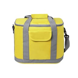 A yellow cooler bag with grey straps and a zippered closure, featuring a front pocket and an adjustable shoulder strap.