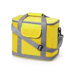 A yellow cooler bag with grey straps and a top handle, featuring a front pocket and a zipped opening.
