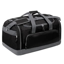 A black and grey duffle bag featuring multiple zippers, handles, and a logo on the side.