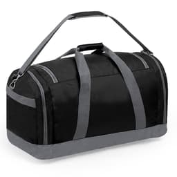 A black duffle bag with grey accents and multiple carrying handles, featuring a logo.