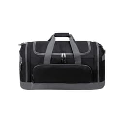 A black duffle bag with grey accents, featuring multiple zippered pockets and sturdy dual handles.