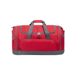 A bright red duffle bag with grey accents and multiple zippered compartments. It features sturdy handles.