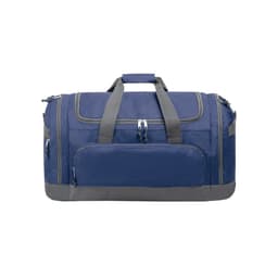 A large navy blue duffle bag with grey accents, featuring multiple zippered compartments and sturdy handles.