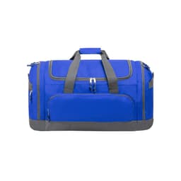 A blue duffle bag with grey accents, featuring multiple zippers and handles for easy transport.