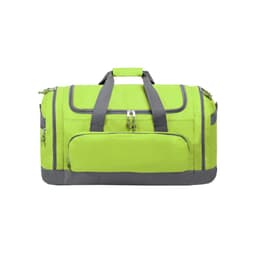A bright green duffle bag with grey accents, featuring multiple zippered compartments and a sturdy handle.