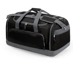 A black duffle bag with grey accents, featuring multiple zippered pockets and sturdy handles. It has a logo present.