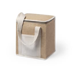 A square cooler bag in natural jute with white accents and a handle, featuring a side pocket.