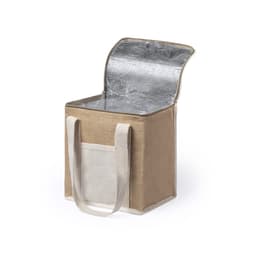 A cooler bag with a beige exterior, silver interior, and sturdy handles for easy carrying. Features a logo on the front.