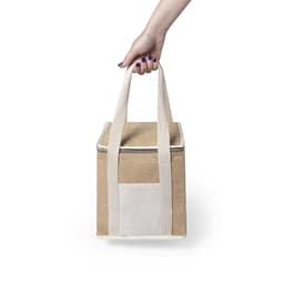 A drink bottle cooler bag in beige with white straps, featuring a front pocket and a hand holding it.
