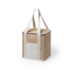 A square, tan cooler bag with white straps and a front pocket, featuring a logo.