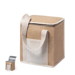 A tan cooler bag with white straps and a small metal bottle opener, featuring a front pocket.