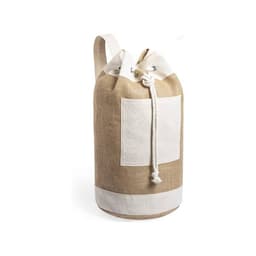 A beige duffel bag made of natural fabric with a drawstring closure and a front pocket. Features a logo.