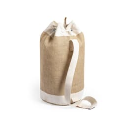 A tan duffel bag with a cream strap and a drawstring top, featuring a branding logo.