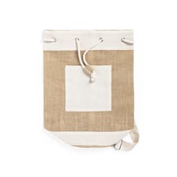 A beige and cream duffel bag with a drawstring closure and a front pocket, featuring a logo.