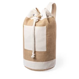 A hessian duffel bag in beige and cream with a drawstring closure and a front pocket.