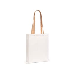 A white tote bag with long cork straps and a simple design. Features a branding logo.