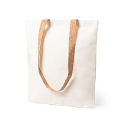 A cream tote bag with cork straps, featuring a simple design and no visible branding.