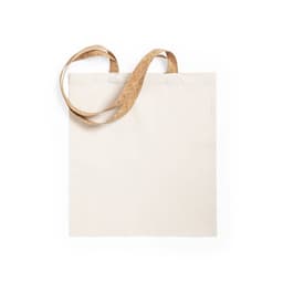 A cream tote bag with cork handles, featuring a simple and minimalist design. It has a logo on one side.