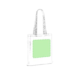 A tote bag with long handles, featuring a green square accent, and a simple, minimalist design.