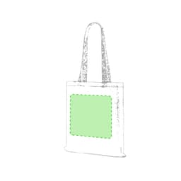 A tote bag in white with long handles, featuring a green blank area on the front and a branding logo.