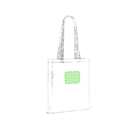 A tote bag in a light beige colour featuring long handles and a green rectangular area for branding.