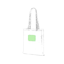 A white tote bag with long handles and a rectangular green patch. The bag features a logo.