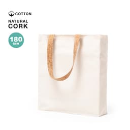 A natural cotton tote bag with cork handles, featuring a plain white exterior. It includes a logo.
