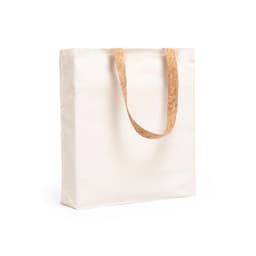 A white tote bag with a textured brown handle and a simple design. It features a logo on one side.
