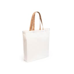 A white tote bag with textured cork handles, featuring branding on the surface.
