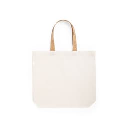 A beige tote bag with brown handles, featuring a simple design and no visible logos.