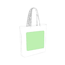 A tote bag with a white exterior and patterned handles, featuring a green blank area for customization and a logo.