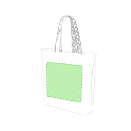A tote bag featuring a simplistic design with a green rectangular area and two long handles. It has a logo.