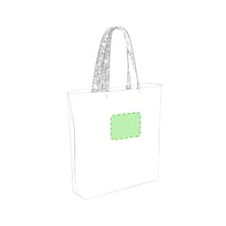 A light-coloured tote bag with patterned handles and a green square area for branding or decoration.